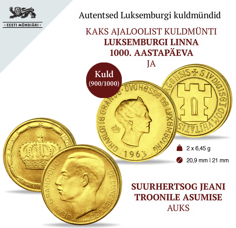 Autentsete Luksemburgi kuldmüntide komplekt