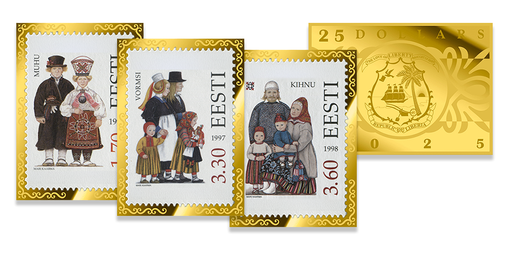 Kuldmüntide komplekt „Eesti saarte rahvarõivad postmarkidel“
