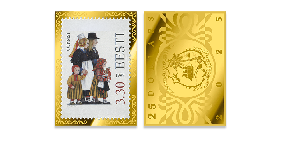 Kuldmüntide komplekt „Eesti saarte rahvarõivad postmarkidel“2