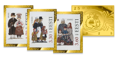 Kuldmüntide komplekt „Eesti saarte rahvarõivad postmarkidel“