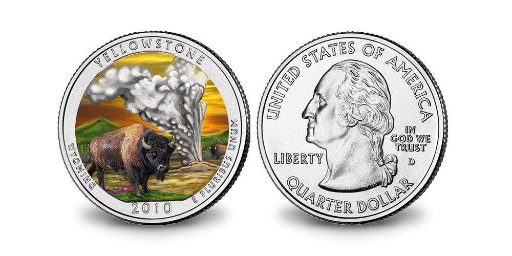Värvidega kaetud münt „Yellowstone'i rahvuspark“