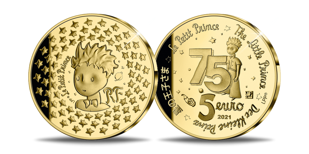 Antoine de Saint-Exupéry „Väikese printsi“ 75. aastapäeva kuldmünt Antoine de Saint-Exupéry „Väikese printsi“ 75. aastapäeva kuldmünt